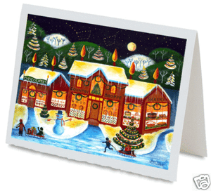 CHRISTMAS TREE SNOWMAN GREETING CARD FOLK ART HANDMADE