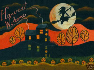 HALLOWEEN WITCH SPELL HARVEST MOON FOLK ART PRINT 12x16