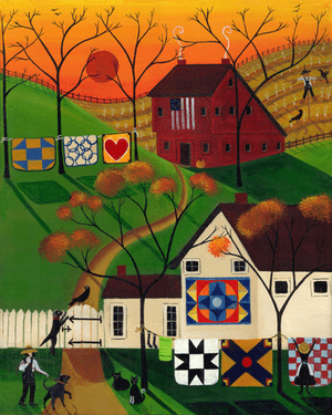 Autumn Sunrise Quilt Folk Art Print 12x16