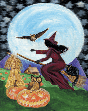 HALLOWEEN WITCH CRYSTAL BALL PAINTING folk art PRINT