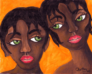 Two Twin Black Gold Faces  with Emerald Green Eyes