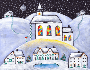 Winter Snow Christmas Church & Village Sold