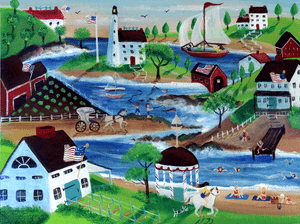Oceanside Summertime Americana Village Folk Art Painting Sold