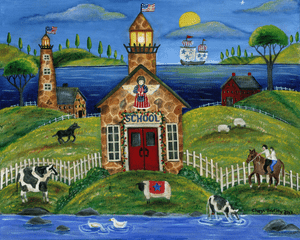 Old Stone Lighthouse School Sunset Folk Art painting 