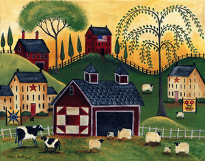 Sunrise Red Quilt Barn American Folk Art Print Sheep Cows 12 x 16 Print