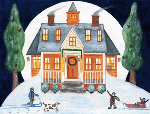 Folk Art Watercolor Painting Full Moon Wintertime Fun SOLD