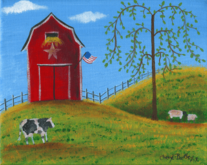 Peaceful American Folk Art Pastures Red Barn Sheep Cow Painting SOLD