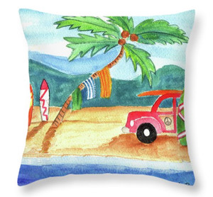Beach Bum Surfboard Palm Tree Throw Pillow 14" x 14"