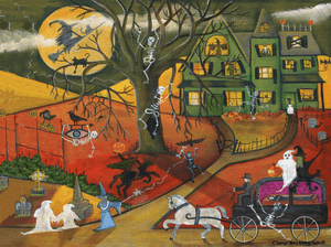 Hearse Ride in Halloween Haven 12x16 Folk Art Print