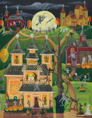 Halloween Skulls Howl and Skeletons Prowl original Folk Art Painting SOLD