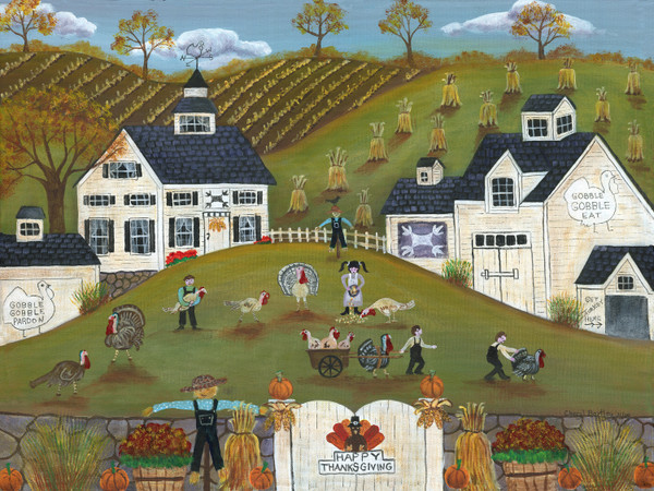 Original Folk Art Painting Thanksgiving Turkey Farm Gobble Gobble SOLD