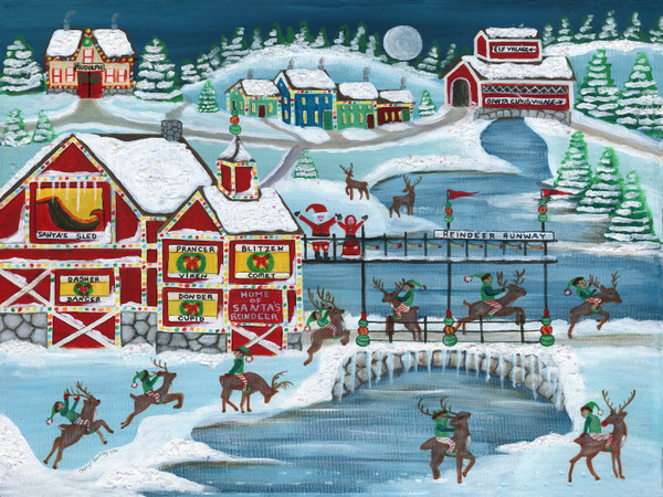Home of Santa's Reindeer original folk art painting SOLD