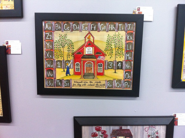 Folk Art Original Watercolor Painting Red School House Sampler Framed