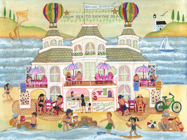 Summertime Beach Resort Folk Art Original Watercolor Painting SOLD