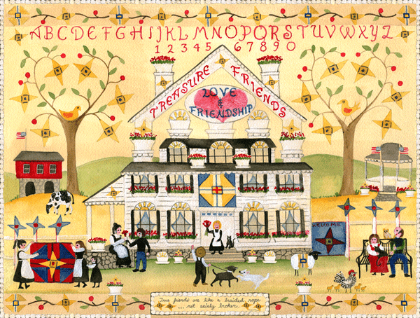 Treasure Friends and Love Family Folk Art House Sampler 12x16 Print