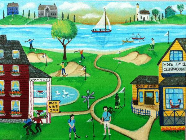 Hole in One Golf Resort Folk Art Painting SOLD