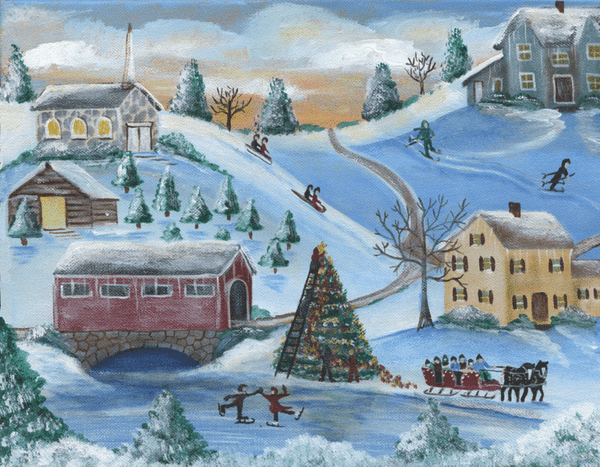 Old Town Christmas Tree Folk Art Painting SOLD
