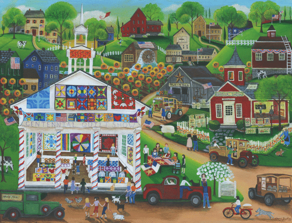 A Centennial Quilt & Sampler Show Folk Art Village Painting SOLD