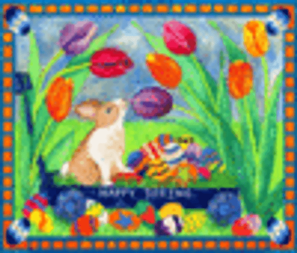 HAPPY SPRING EASTER BUNNY EGG WAGON WATERCOLOR PAINTING