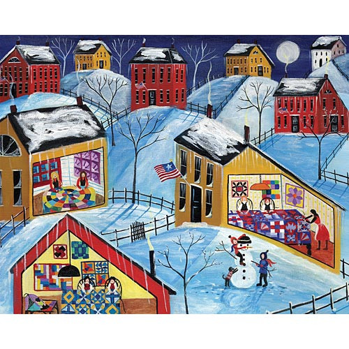 Winter Moon Quilter Village Folk Art Print 12 x 16