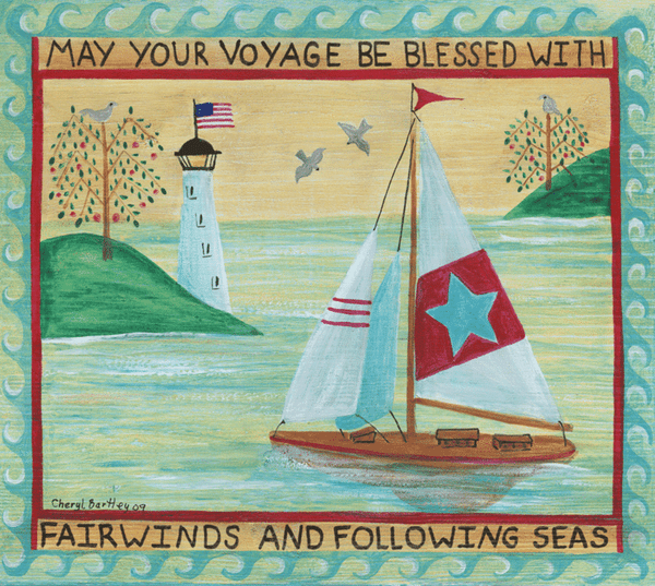A SAILBOAT VOYAGE BLESSING FOLK ART PAINTING ON WOOD