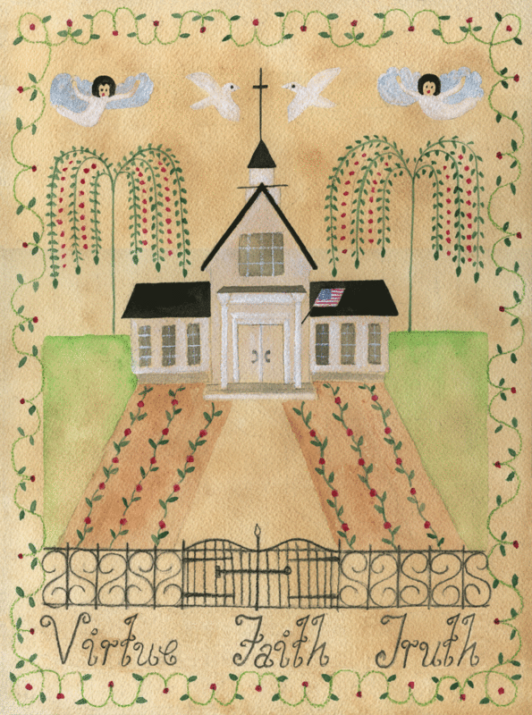 PRIMITIVE AMERICAN FOLK ART CHURCH ANGELS SAMPLER PAINTING