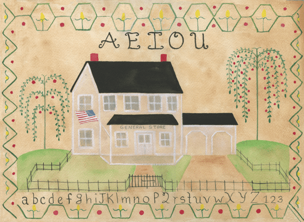 PRIMITIVE FOLK ART SAMPLER PAINTING GENERAL STORE