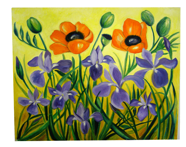 Purple Iris and Orange Poppy Oil Painting