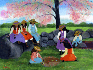 Marble Players under Big Tree Folk Art Painting