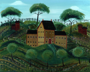 Three Trees at Mustard House Folk Art Print 12x16