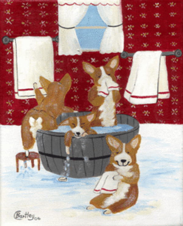 Four Corgi Dogs in a Tub Folk Art Print