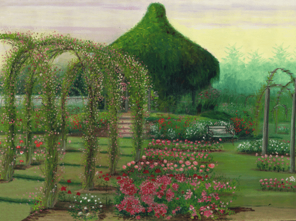 Misty Morning Rose Garden Abor and Gazebo Oil Painting