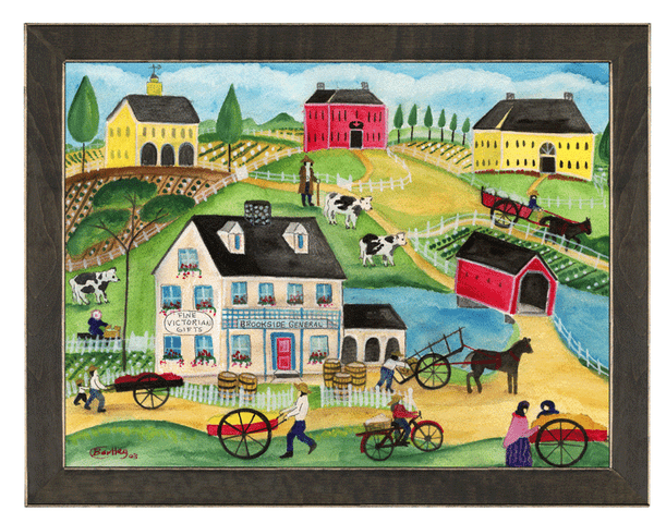 PRIMITIVE FOLK ART PAINTING VICTORIAN BROOKSIDE VILLAGE FRAMED SOLD