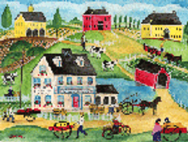 PRIMITIVE FOLK ART PAINTING VICTORIAN BROOKSIDE VILLAGE FRAMED SOLD