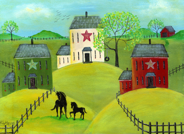 Primitive Folk Art Painting Colt Mare Black Horses Star House Farm