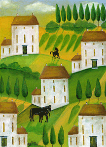 Tuscany Village Mare Colt Black Horse Village Folk Art Print 11x14