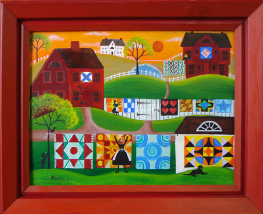 RED SALTBOX QUILTERS VILLAGE FOLK ART PAINTING SOLD