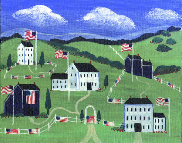 PRIMITIVE AMERICANA VILLAGE FOLK ART PRINT