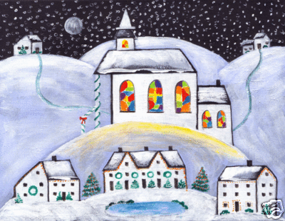 CHRISTMAS EVE CHURCH VILLAGE FOLK ART PAINTING PRINT
