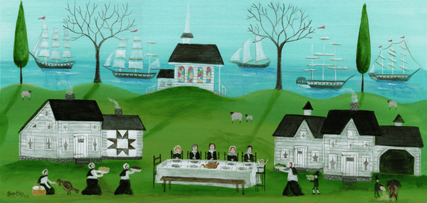 THANKSGIVING PILGRIM TURKEY TALLSHIPS FOLK ART PAINTING SOLD
