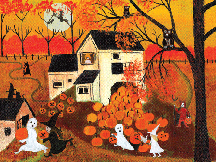 HALLOWEEN PUMPKIN WITCH GHOST FARM FOLK ART PRINT 11x14