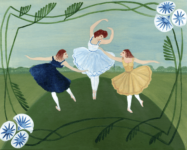 THREE BALLERINAS DANCING IN PARK FOLK ART PAINTING