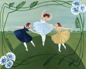 THREE BALLERINAS DANCING IN PARK FOLK ART PAINTING