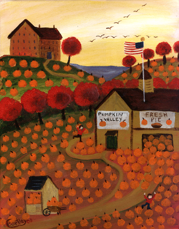 PUMPKIN AUTUMN VILLAGE YESTERYEAR FOLK ART PRINT