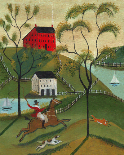 HORSE RIDER FOX CHASE OCEAN FOLK ART PRINT