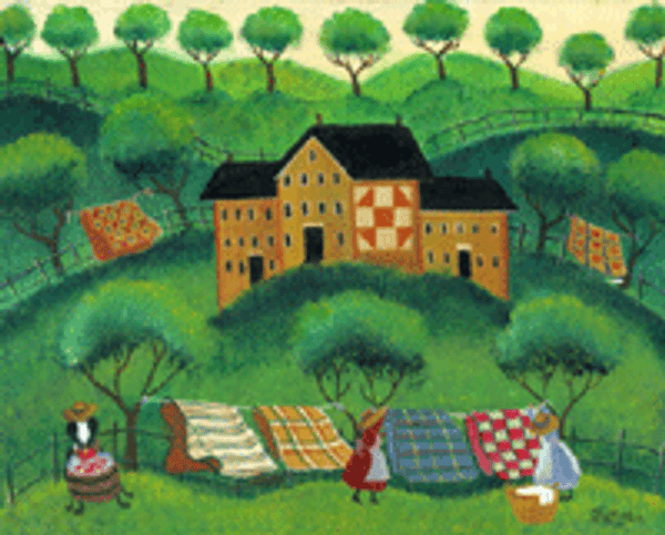 WASHING QUILTS MAMA'S COUNTRY QUILT HOUSE FOLK ART PRINT 12x16
