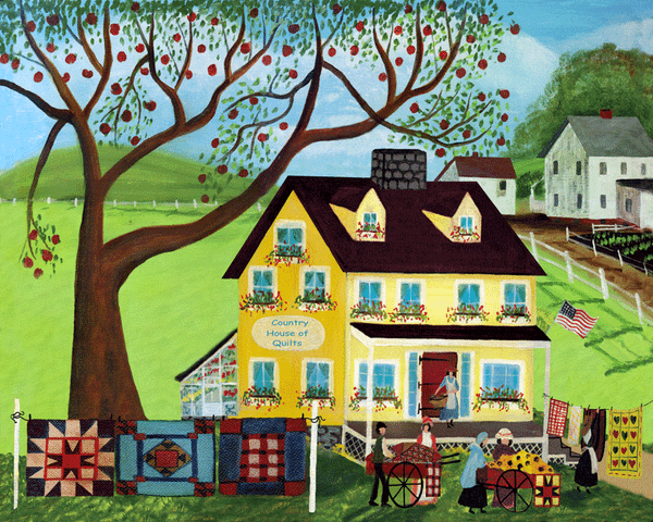 COUNTRY QUILT HOUSE APPLE TREE FOLK ART PRINT