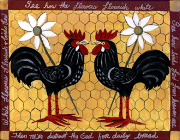 TWO ROOSTERS FOLK ART PRINT