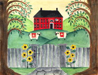 Two sheep with star quilts by Red House under Willow tree Print