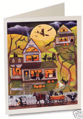 HALLOWEEN SALEM WITCH GREETING CARD FOLK ART HANDMADE
